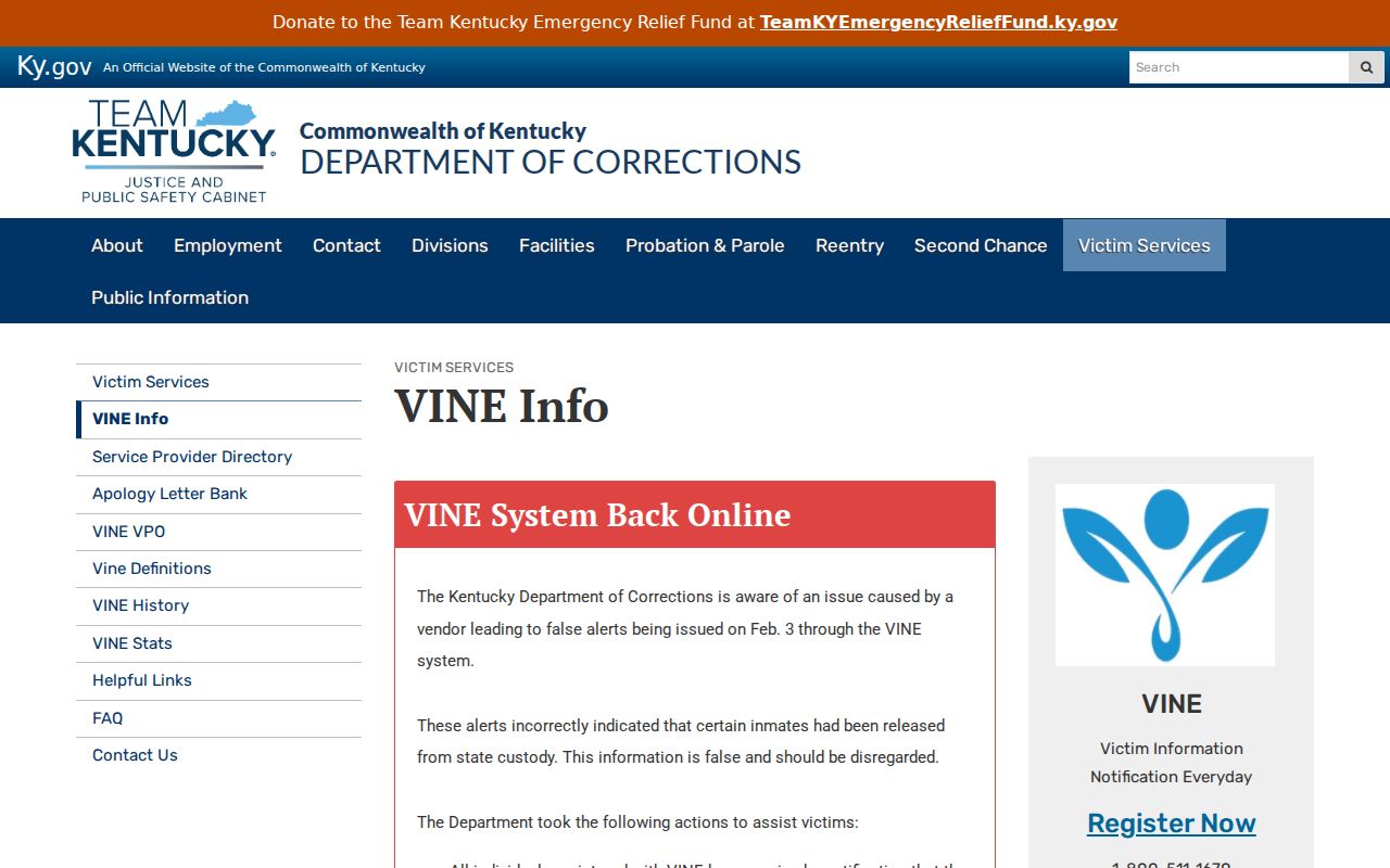 Nicholas County arrest custody notification information through Kentucky VINE